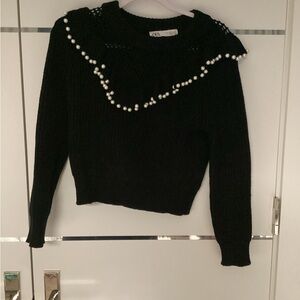 Zara Black Pearl-Trim Ruffle Collar Sweater
